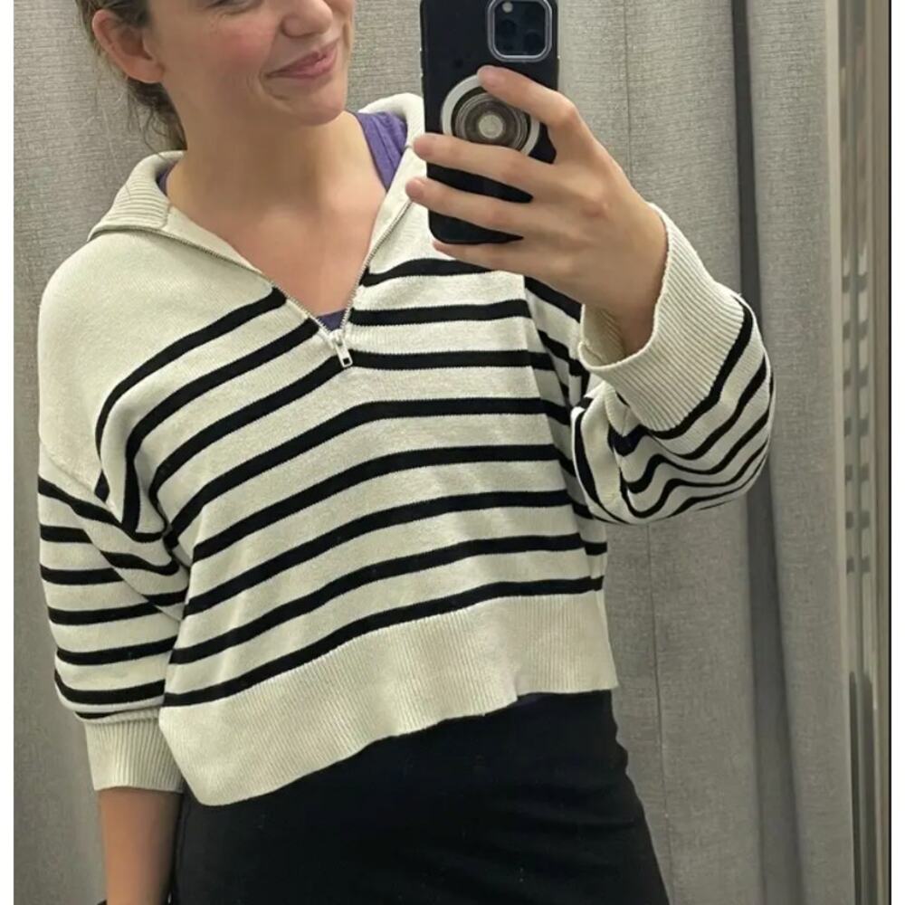 Marissa Webb Striped Quarter Zip Sweater SMALL Fold Over Oversized Nautical $265 - Picture 10 of 15